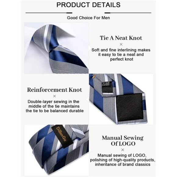 Striped silk tie set with pocket square cufflinks tie clip formal wedding - Picture 6 of 7